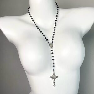 Black Beaded Cross Pendant Necklace